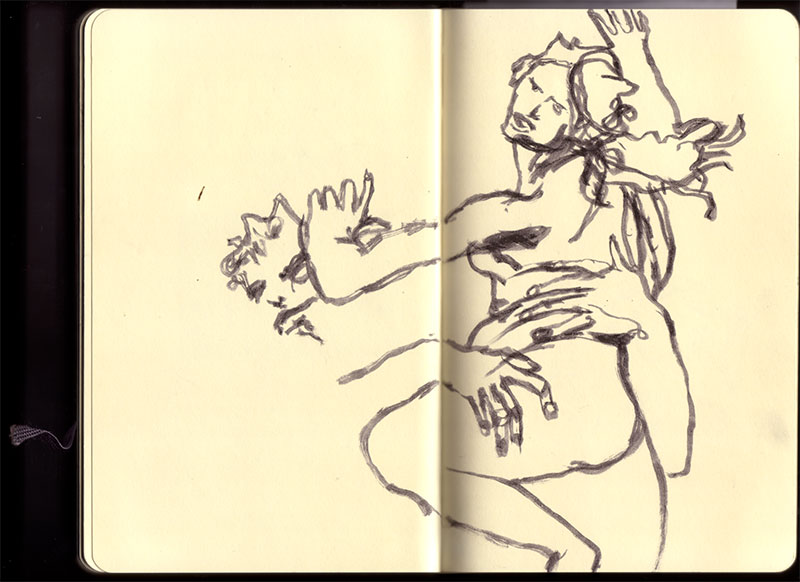 Roma sketchbook: brush-pen sketch after Bernini's Rape of Proserpina — her raised arm and turned head, his fingers pressing into her hip Roma sketchbook: brush-pen sketch after Bernini's Rape of Proserpina — her raised arm and turned head, his fingers pressing into her hip