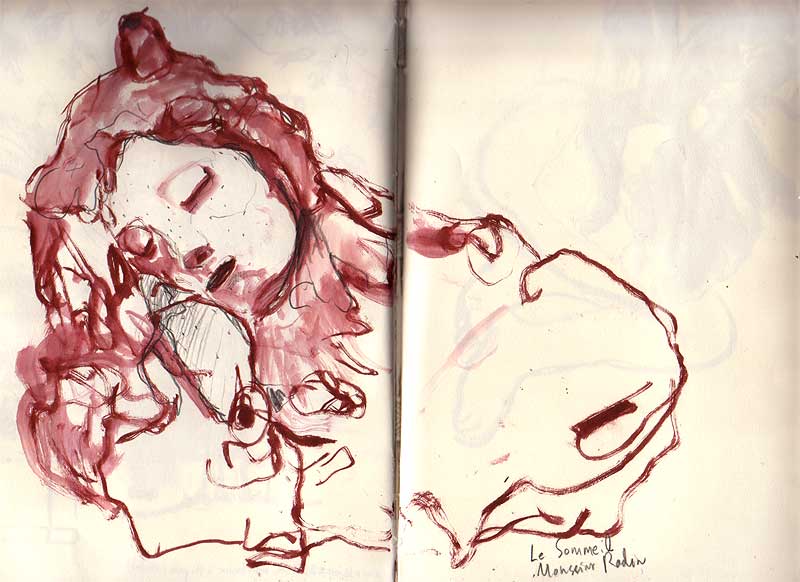 Sketchbook 32 spread: a copy of Rodin's Le Sommeil in red wash and pencil, the sleeping head dissolving into loose coiling lines — 'Le Sommeil, Monsieur Rodin'