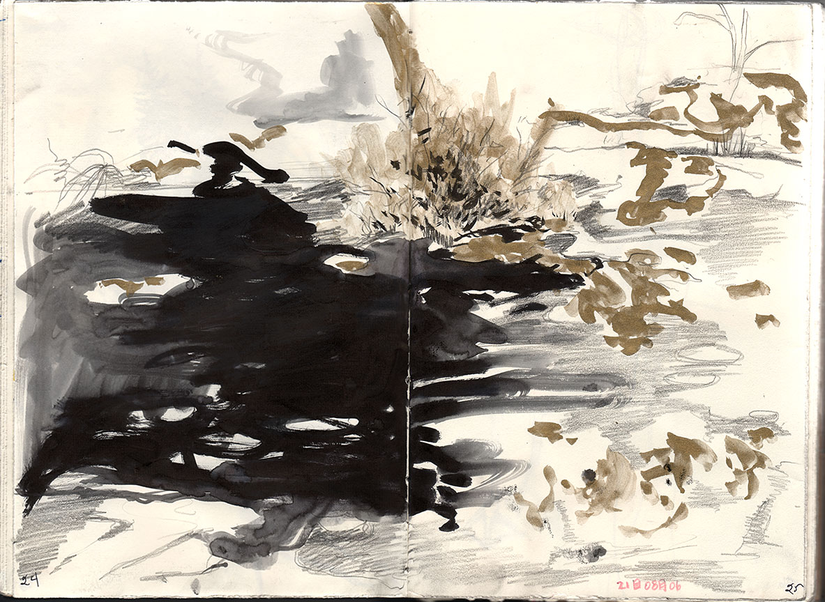 Sketchbook 32 dark side spread, dated 08/06: a black ink flood spilling across a winter landscape of pencil hatching and gold-brown brush marks