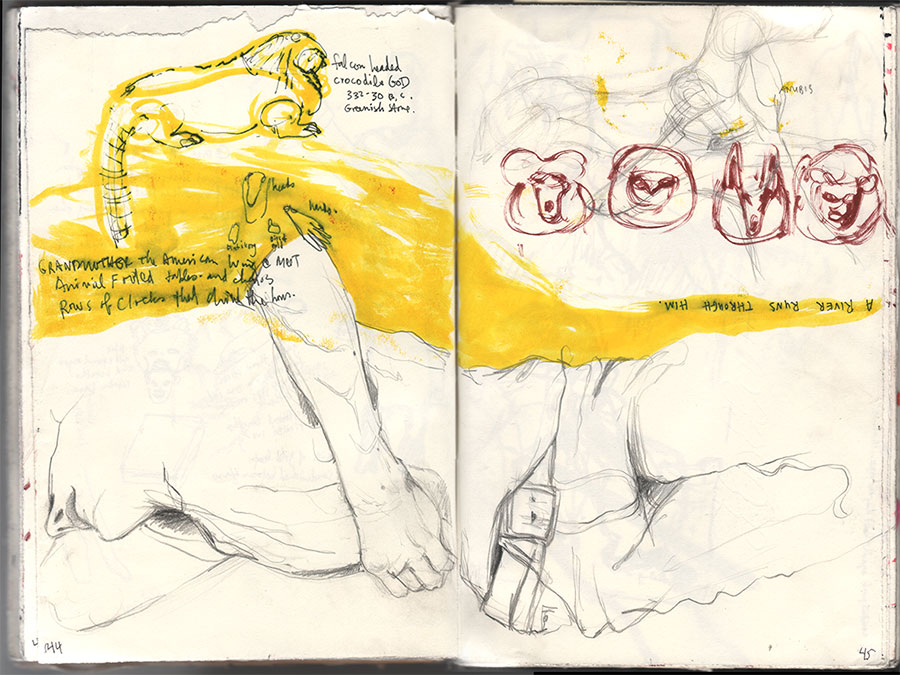 Sketchbook 32 spread from the Met: a falcon-headed crocodile god in yellow, four red Anubis-like animal heads, and pencil sketches of a resting arm — 'a river runs through him'