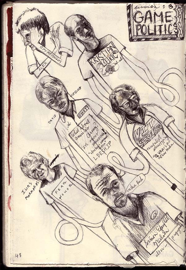Sketchbook 32, Mediaterra session 3 'Game Politics': six conference speakers drawn as ballpoint busts with name labels, tangled cords looping between them