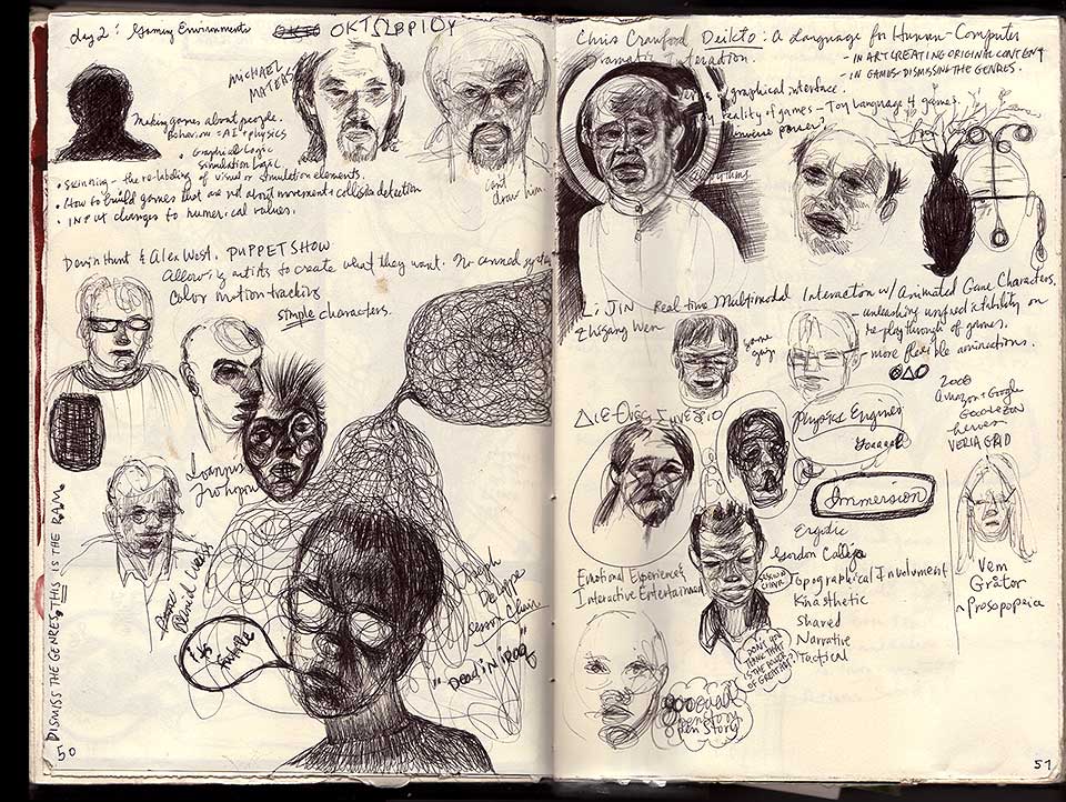 Sketchbook 32, Mediaterra day 2 'Gaming Environments': pages crowded with ballpoint portraits — Michael Mateas, Chris Crawford haloed mid-speech, notes on Deikto and immersion