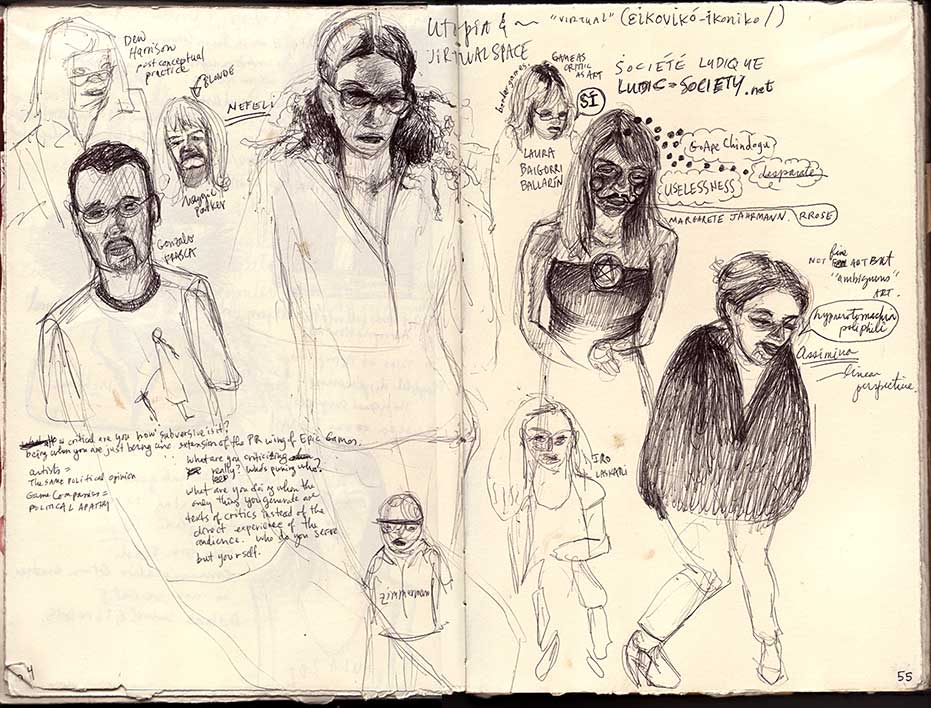 Sketchbook 32, Mediaterra 'Utopia & Virtual Space': ballpoint portraits of panelists — Margarete Jahrmann, Laura Baigorri Ballarín, Gonzalo Frasca — with notes on ludic society
