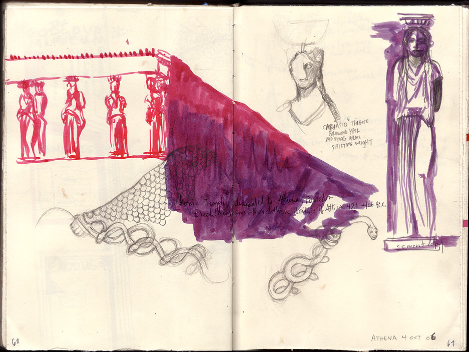 Sketchbook 32 spread, Athena 4 Oct 06: the Erechtheion caryatid porch in red ink, a purple caryatid 'cement copy', pencil snakes twisting below — 'growing hair, moving arms, shifting weight'