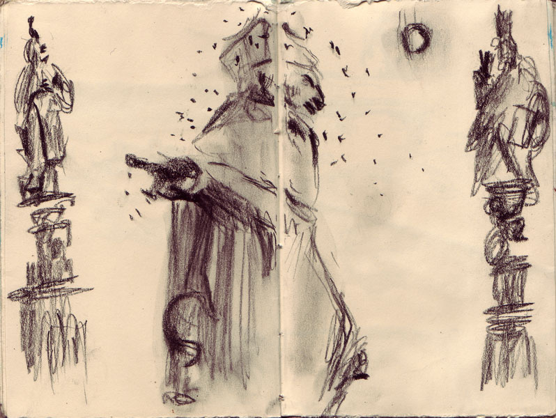 Sketchbook 38 spread: charcoal sketches of the blackened statues on Charles Bridge, birds swarming around a saint's head