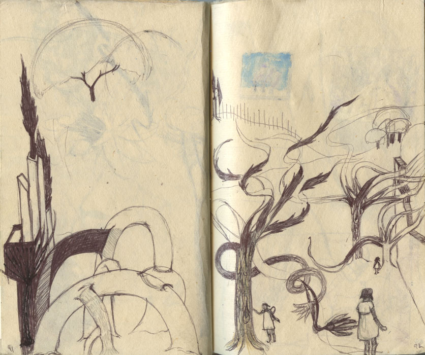 Sketchbook 42 spread: inked fantasy landscape — a cypress and tower at left, windswept trees with ribboning branches at right, and two small girls standing beneath them