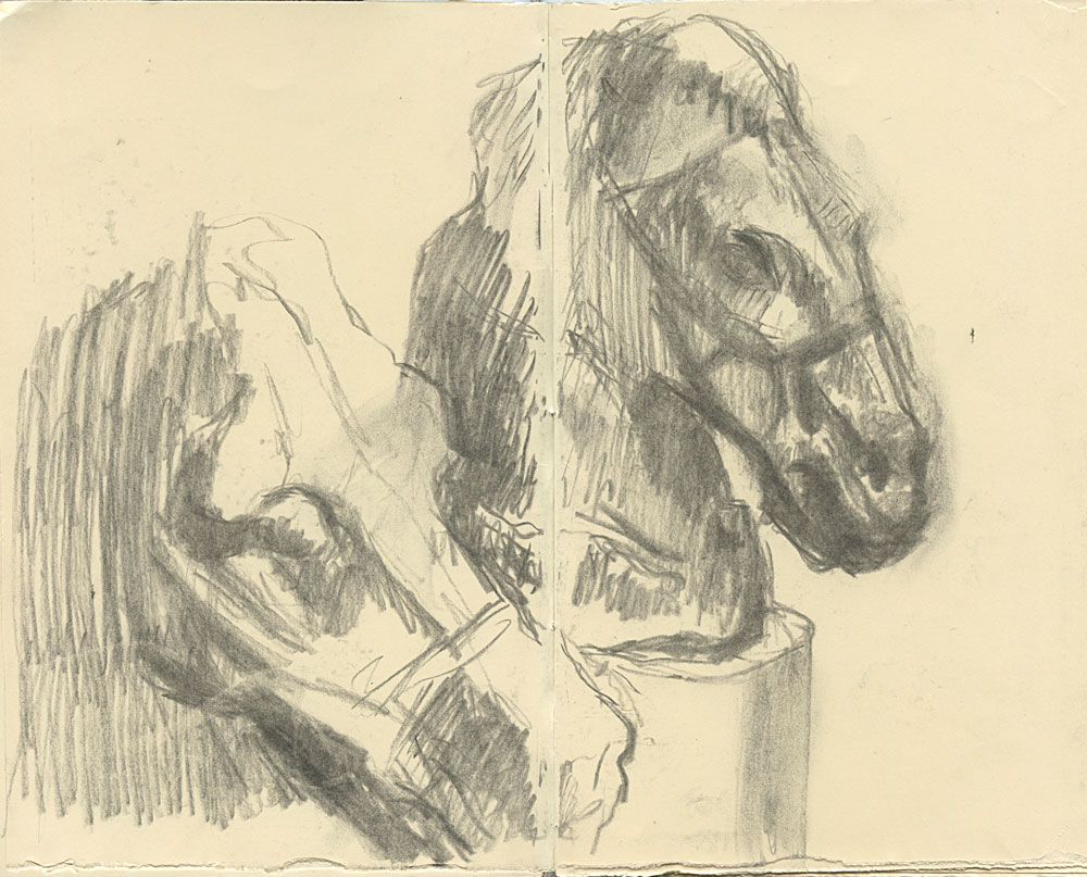 Sketchbook 42b spread: soft pencil studies of sculpted horse heads in the Vatican, one bridled head in profile at right, a second head and neck emerging at left