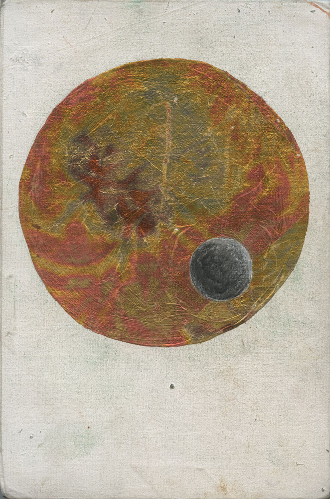 Cover of sketchbook 43: white gessoed cloth painted with a large marbled sphere in red, gold and green, a small silver moon circle set into its lower edge Cover of sketchbook 43: white gessoed cloth painted with a large marbled sphere in red, gold and green, a small silver moon circle set into its lower edge