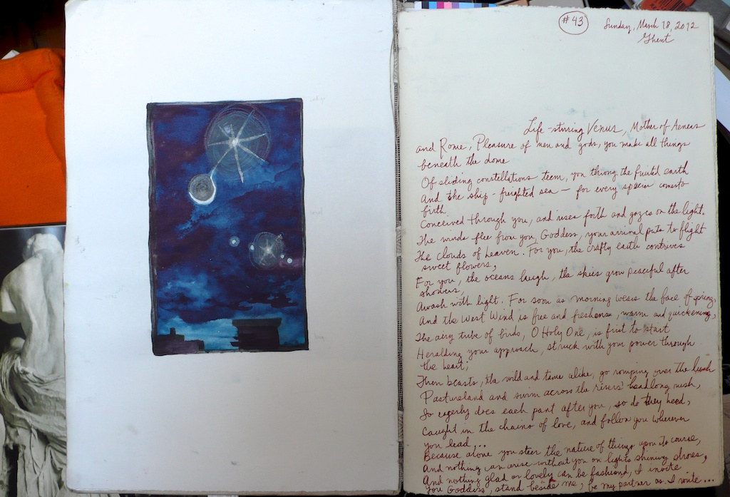 Sketchbook 43 dedication, Ghent, 18 March 2012: a night-blue gouache of star wheels over rooftops, facing Lucretius's invocation to life-stirring Venus copied in red-brown ink Sketchbook 43 dedication, Ghent, 18 March 2012: a night-blue gouache of star wheels over rooftops, facing Lucretius's invocation to life-stirring Venus copied in red-brown ink