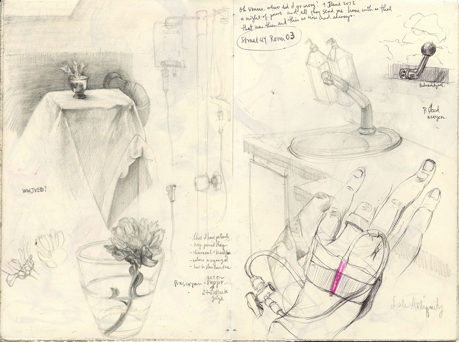 Sketchbook 43 spread from a hospital room, 1 June 2012: pencil studies of the draped bedside table, IV drip lines, a faucet, and a hand cradling a heart-rate clip — 'Oh Venus, where did I go wrong?' Sketchbook 43 spread from a hospital room, 1 June 2012: pencil studies of the draped bedside table, IV drip lines, a faucet, and a hand cradling a heart-rate clip — 'Oh Venus, where did I go wrong?'