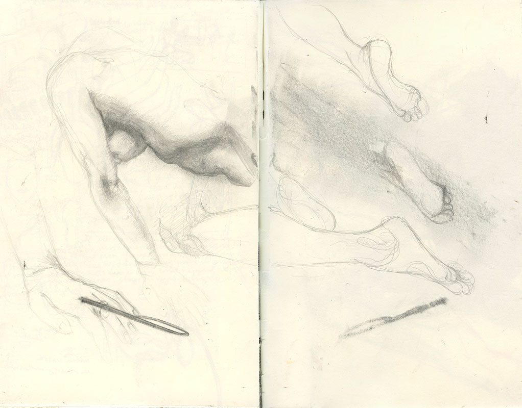 Sketchbook 43 spread: graphite studies of a bent leg and hand holding a pen, and on the right page feet dragged mid-stride, toes trailing across shaded ground Sketchbook 43 spread: graphite studies of a bent leg and hand holding a pen, and on the right page feet dragged mid-stride, toes trailing across shaded ground