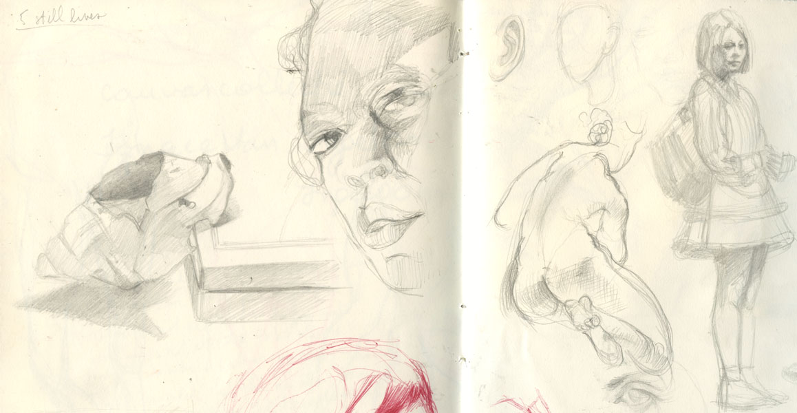 Sketchbook 43 spread titled '5 still lives': graphite studies of a sleeping spaniel, a looming foreshortened face, a crouched nude, and a girl in a skirt standing with a bag Sketchbook 43 spread titled '5 still lives': graphite studies of a sleeping spaniel, a looming foreshortened face, a crouched nude, and a girl in a skirt standing with a bag