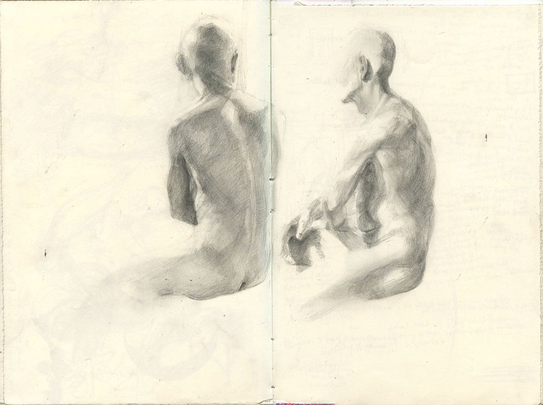 Sketchbook 43 spread: two soft graphite studies of the same seated bald model over faint journal writing — from behind at left, from the side with folded hands at right Sketchbook 43 spread: two soft graphite studies of the same seated bald model over faint journal writing — from behind at left, from the side with folded hands at right