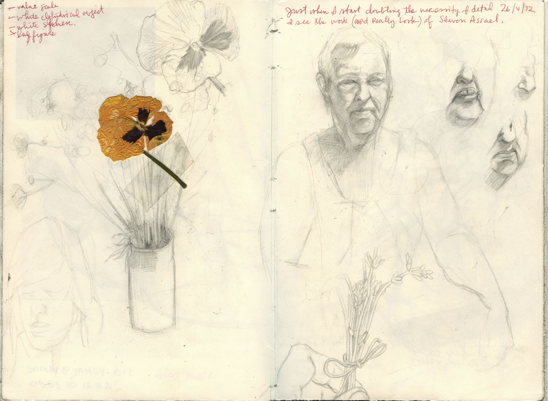 Sketchbook 43 spread: a real pressed pansy taped over pencil pansies in a vase; opposite, a portrait of an older man in a tank top and a note on seeing the work of Steven Assael, 26 May 2012 Sketchbook 43 spread: a real pressed pansy taped over pencil pansies in a vase; opposite, a portrait of an older man in a tank top and a note on seeing the work of Steven Assael, 26 May 2012