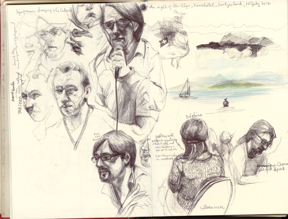 Sketchbook 44 spread from the Imagining the Future symposium, Neuchâtel, 10 July 2012: ballpoint portraits of speakers with a microphone, and a watercolor of the Alps over the lake with a sailboat Sketchbook 44 spread from the Imagining the Future symposium, Neuchâtel, 10 July 2012: ballpoint portraits of speakers with a microphone, and a watercolor of the Alps over the lake with a sailboat