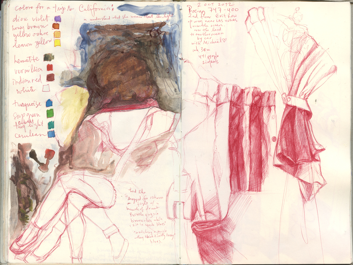 Sketchbook 44 spread, 2 October 2012, Boeing 747 to Las Vegas: red ballpoint sleeping passengers under a painted blanket, with a swatched palette of 'colors for a trip to California' Sketchbook 44 spread, 2 October 2012, Boeing 747 to Las Vegas: red ballpoint sleeping passengers under a painted blanket, with a swatched palette of 'colors for a trip to California'