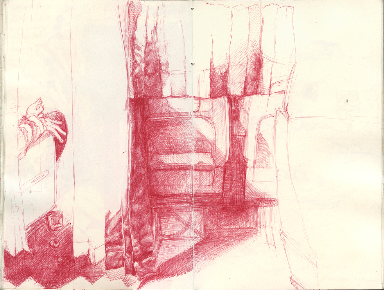 Sketchbook 44 spread: airplane cabin interior in red ballpoint — seat backs, tray tables and curtains in crosshatch, a sleeping passenger's hand curled at upper left Sketchbook 44 spread: airplane cabin interior in red ballpoint — seat backs, tray tables and curtains in crosshatch, a sleeping passenger's hand curled at upper left