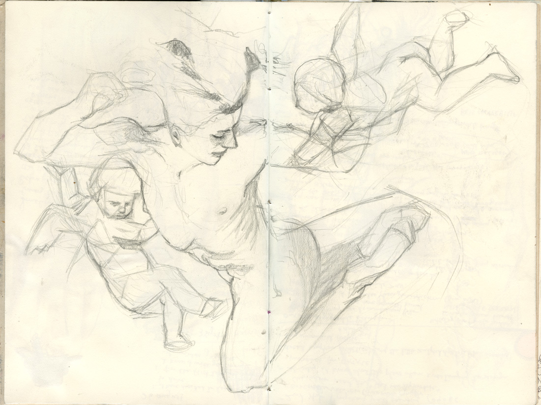 Sketchbook 44 spread: pencil studies after ceiling figures — a flying woman with wind-blown drapery carrying an infant, and a second tumbling figure seen from below Sketchbook 44 spread: pencil studies after ceiling figures — a flying woman with wind-blown drapery carrying an infant, and a second tumbling figure seen from below