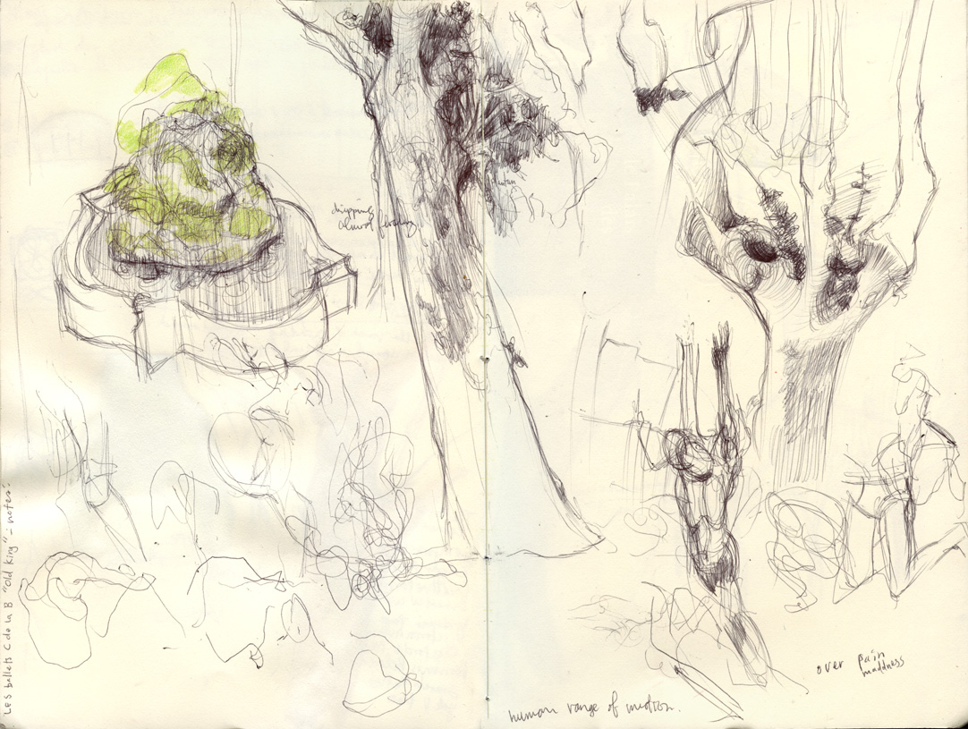 Sketchbook 44 spread: ballpoint plane trees and a mossy fountain, with scribbled motion studies of dancers noted from Les Ballets C de la B's 'Oude King' — 'human range of motion', 'over pain madness' Sketchbook 44 spread: ballpoint plane trees and a mossy fountain, with scribbled motion studies of dancers noted from Les Ballets C de la B's 'Oude King' — 'human range of motion', 'over pain madness'