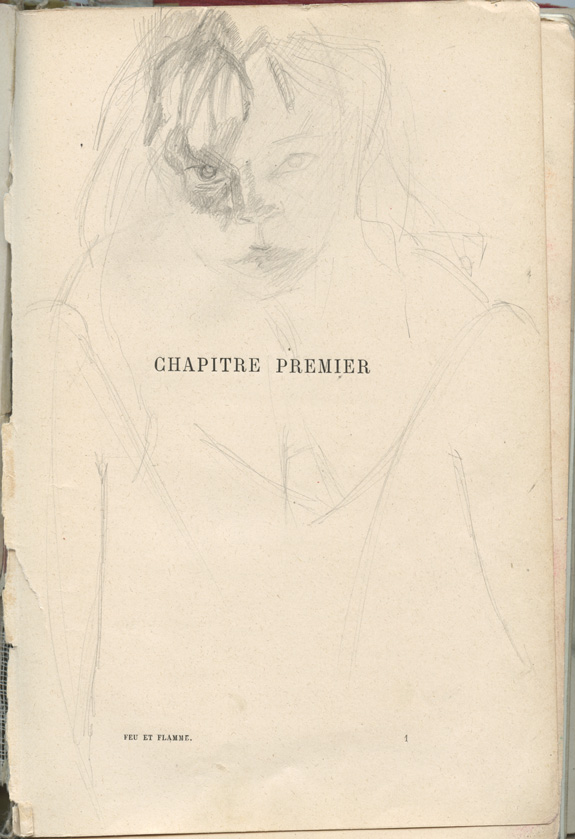 Sketchbook 44, drawn over the printed page 'Chapitre Premier' of Feu et Flamme: a faint pencil portrait of a girl with tousled hair, one eye darkly shaded Sketchbook 44, drawn over the printed page 'Chapitre Premier' of Feu et Flamme: a faint pencil portrait of a girl with tousled hair, one eye darkly shaded