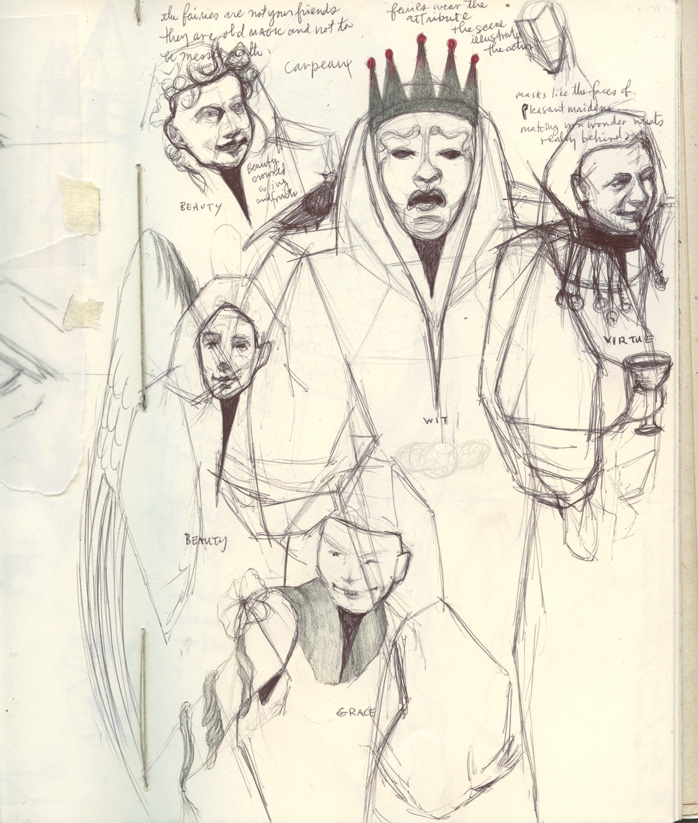 Sketchbook 44 page: ballpoint masked figures in hooded robes labeled Beauty, Wit, Virtue and Grace — 'the fairies are not your friends, they are old magic' — with a crowned tragic mask at center Sketchbook 44 page: ballpoint masked figures in hooded robes labeled Beauty, Wit, Virtue and Grace — 'the fairies are not your friends, they are old magic' — with a crowned tragic mask at center