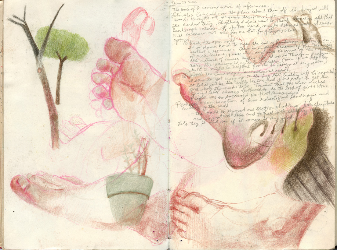 Sketchbook 44 spread, 27 December 2012: colored-pencil studies of bare feet, a potted seedling and a small tree, beside dense game-design notes on ditching the open world and unrolling the world in chapters Sketchbook 44 spread, 27 December 2012: colored-pencil studies of bare feet, a potted seedling and a small tree, beside dense game-design notes on ditching the open world and unrolling the world in chapters