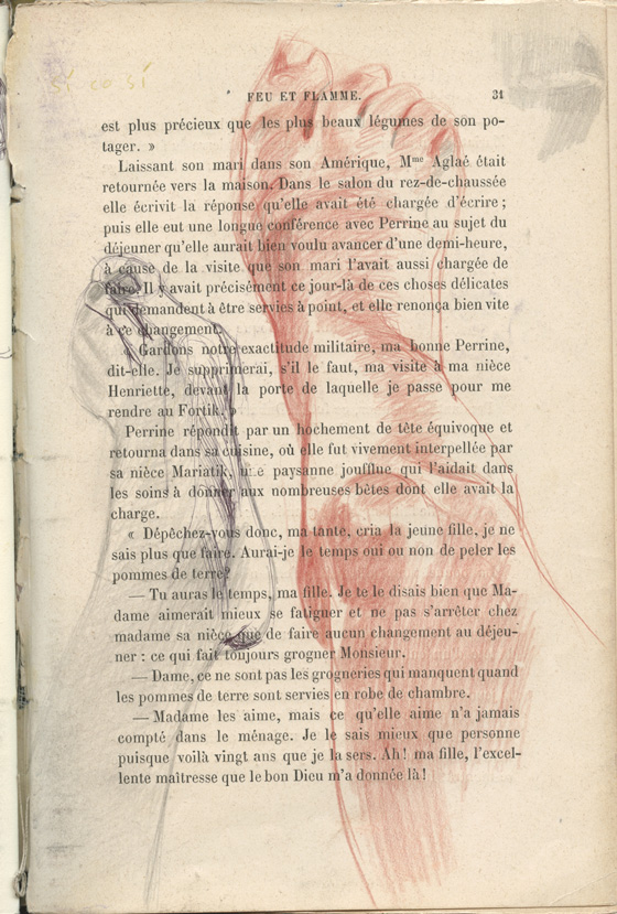 Sketchbook 44: a printed page of Feu et Flamme overdrawn with a large sanguine foot seen from the sole and a violet pencil profile rising along the margin Sketchbook 44: a printed page of Feu et Flamme overdrawn with a large sanguine foot seen from the sole and a violet pencil profile rising along the margin