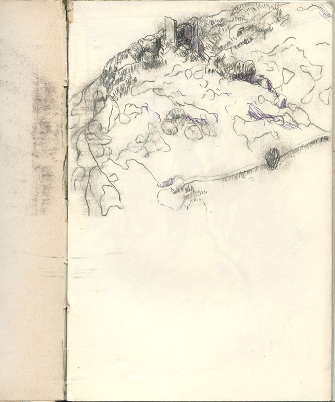 Sketchbook 44: pencil drawing of the ruined castle of Fenouillet on its rocky hilltop, drawn as an outline map of boulders with touches of violet ink Sketchbook 44: pencil drawing of the ruined castle of Fenouillet on its rocky hilltop, drawn as an outline map of boulders with touches of violet ink