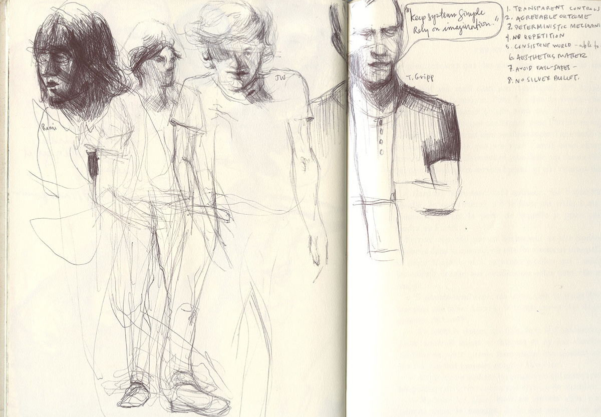 Sketchbook 44 spread from GDC Europe 2012: ballpoint figures of attendees, and Thomas Grip saying 'Keep systems simple, rely on imagination' beside his eight numbered design principles Sketchbook 44 spread from GDC Europe 2012: ballpoint figures of attendees, and Thomas Grip saying 'Keep systems simple, rely on imagination' beside his eight numbered design principles