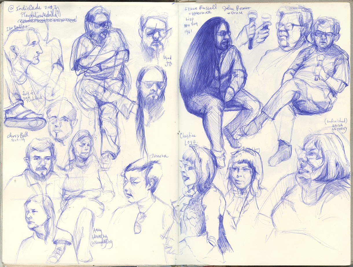 Sketchbook 44 spread, IndieCade day one: blue ballpoint portraits of Ian Dallas, Chris Bell, Amy Hennig, Jenova Chen, Christine Love, Anna Anthropy, and Steve Russell with John Romero at the mic Sketchbook 44 spread, IndieCade day one: blue ballpoint portraits of Ian Dallas, Chris Bell, Amy Hennig, Jenova Chen, Christine Love, Anna Anthropy, and Steve Russell with John Romero at the mic