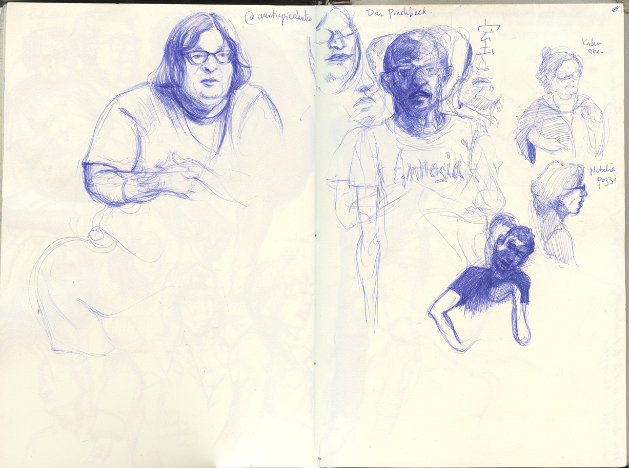 Sketchbook 44 spread, IndieCade: blue ballpoint portraits of Anna Anthropy speaking, Dan Pinchbeck in an Amnesia t-shirt, and Natalie Pozzi in profile