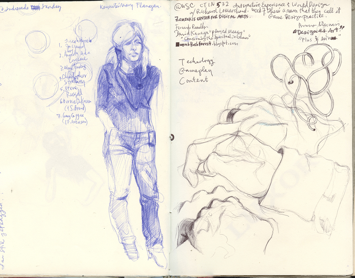 Sketchbook 44 spread: Mary Flanagan's IndieCade keynote — her full-length portrait beside her list from Jacquard to Gygax — facing notes from Richard Lemarchand's USC class with studies of clasped hands and a wire tangle Sketchbook 44 spread: Mary Flanagan's IndieCade keynote — her full-length portrait beside her list from Jacquard to Gygax — facing notes from Richard Lemarchand's USC class with studies of clasped hands and a wire tangle