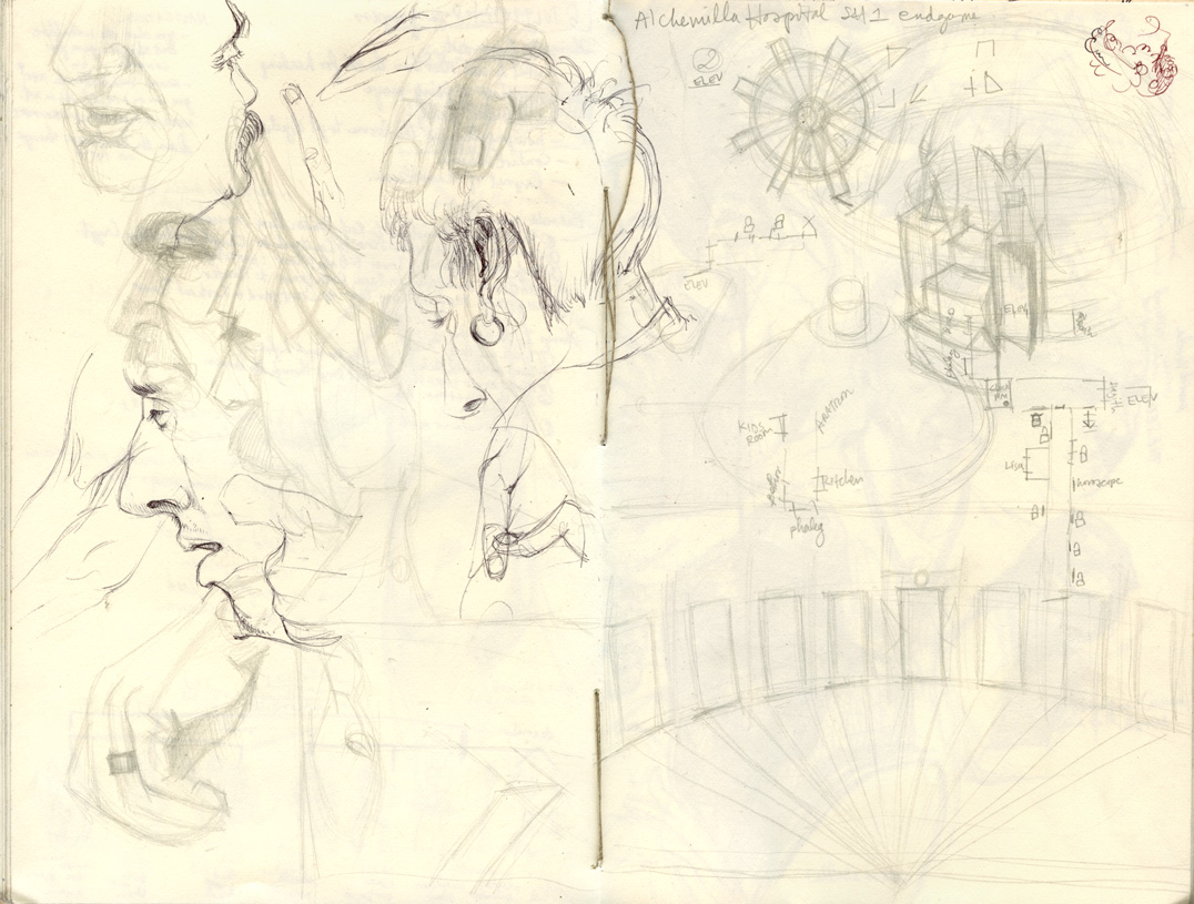 Sketchbook 44 spread: pencil profiles of faces and a hand with a ring, facing a faint mapped reconstruction of Alchemilla Hospital from Silent Hill — elevators, kids' room, kitchen — labeled 'SH1 endgame' Sketchbook 44 spread: pencil profiles of faces and a hand with a ring, facing a faint mapped reconstruction of Alchemilla Hospital from Silent Hill — elevators, kids' room, kitchen — labeled 'SH1 endgame'