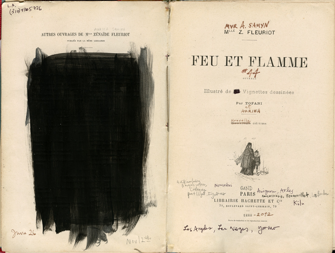 Sketchbook 44: the altered title pages of Zénaïde Fleuriot's 1888 novel Feu et Flamme — author struck through and replaced with 'Mvr A. Samyn', dated 1888–2012, ringed by the year's cities from Neuchâtel to Las Vegas