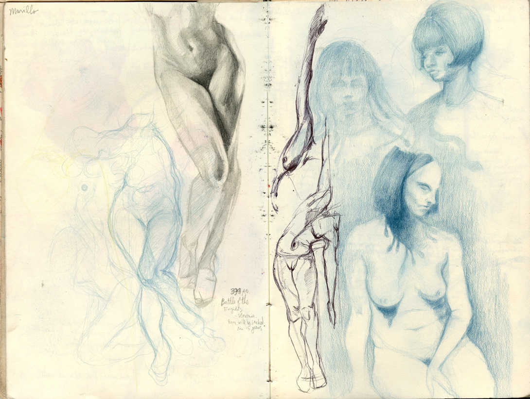 Sketchbook 44 spread labeled 'Murillo': blue and graphite studies of standing nudes and women with 1960s bouffant hair, one gaunt figure gazing down at right — noted 'Battle of the Frigids, Slovenia' Sketchbook 44 spread labeled 'Murillo': blue and graphite studies of standing nudes and women with 1960s bouffant hair, one gaunt figure gazing down at right — noted 'Battle of the Frigids, Slovenia'