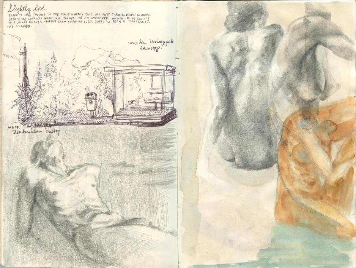Sketchbook 44 spread, 'Slightly lost': ballpoint sketch of the Heusden bus stop en route to a driving exam, a reclining graphite nude below, and watercolor figure studies in grey and burnt orange opposite Sketchbook 44 spread, 'Slightly lost': ballpoint sketch of the Heusden bus stop en route to a driving exam, a reclining graphite nude below, and watercolor figure studies in grey and burnt orange opposite