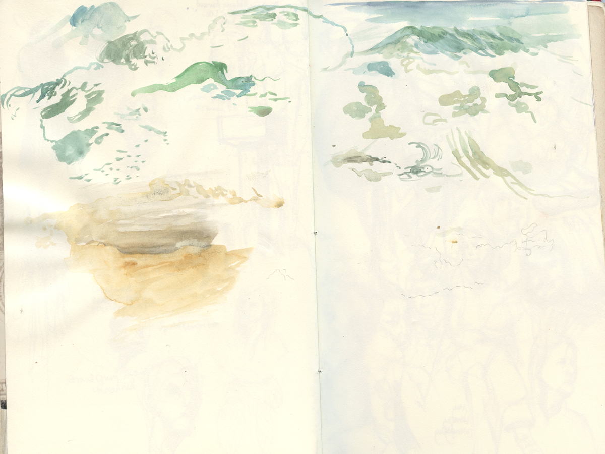 Sketchbook 44 spread: pale watercolor notation of the Pacific coast — green scrub hills, scattered trees, and an ochre bluff washed over faint pencil beneath Sketchbook 44 spread: pale watercolor notation of the Pacific coast — green scrub hills, scattered trees, and an ochre bluff washed over faint pencil beneath