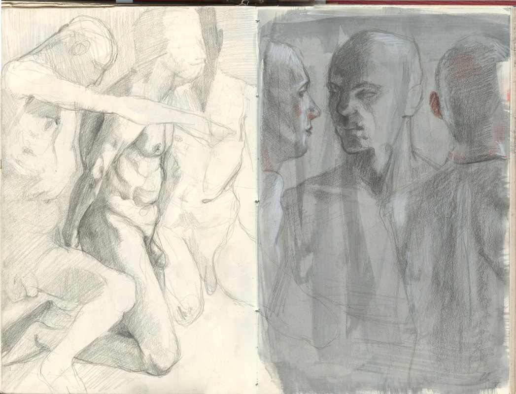Sketchbook 44 spread from a private model session: pencil crouching nudes at left; at right three heads on a grey gouache ground — a pink-cheeked profile facing a bald man, a shaved nape beyond Sketchbook 44 spread from a private model session: pencil crouching nudes at left; at right three heads on a grey gouache ground — a pink-cheeked profile facing a bald man, a shaved nape beyond