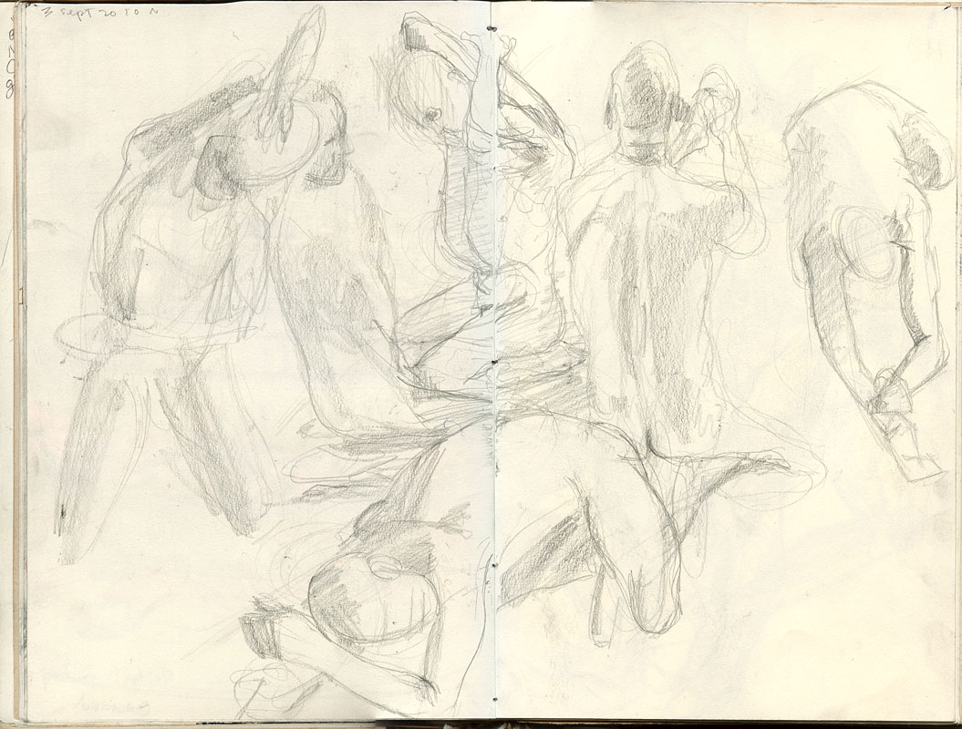Sketchbook 44 spread, 3 September, model session: soft pencil sketches of the same nude bending, kneeling and seen from the back, poses overlapping across the gutter Sketchbook 44 spread, 3 September, model session: soft pencil sketches of the same nude bending, kneeling and seen from the back, poses overlapping across the gutter