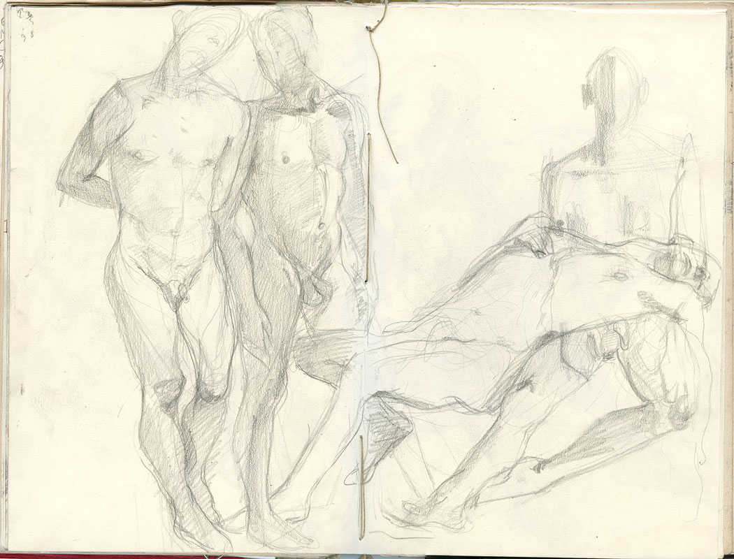 Sketchbook 44 spread: graphite studies of a standing male nude in two overlapping stances at left, and at right the model reclining, legs extended toward the corner Sketchbook 44 spread: graphite studies of a standing male nude in two overlapping stances at left, and at right the model reclining, legs extended toward the corner