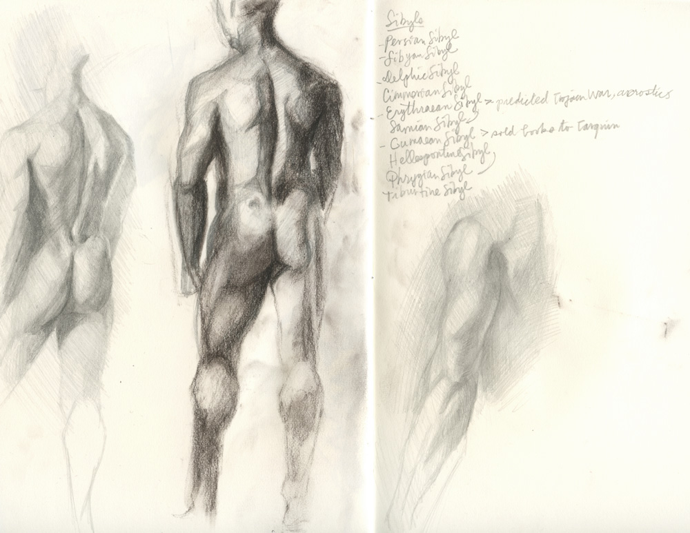 Sketchbook 44 spread: charcoal studies of a male nude from behind and a thigh, with a handwritten list of the ten sibyls — Persian, Libyan, Delphic, Cumaean — and their legends Sketchbook 44 spread: charcoal studies of a male nude from behind and a thigh, with a handwritten list of the ten sibyls — Persian, Libyan, Delphic, Cumaean — and their legends