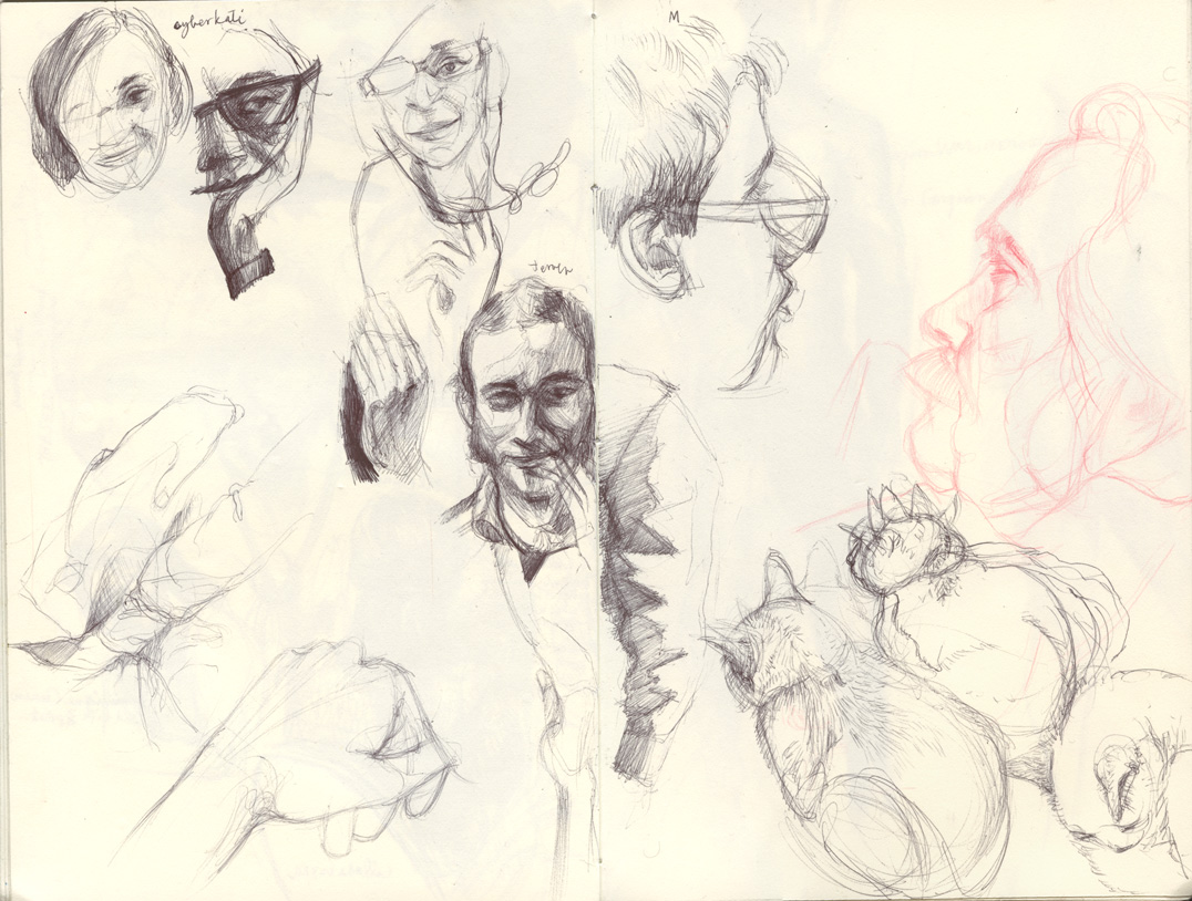 Sketchbook 44 spread: ballpoint portraits drawn during video calls — faces labeled 'cyberkati', a bearded man smiling, a profile in glasses, hands, sleeping cats, and a red-pencil profile Sketchbook 44 spread: ballpoint portraits drawn during video calls — faces labeled 'cyberkati', a bearded man smiling, a profile in glasses, hands, sleeping cats, and a red-pencil profile