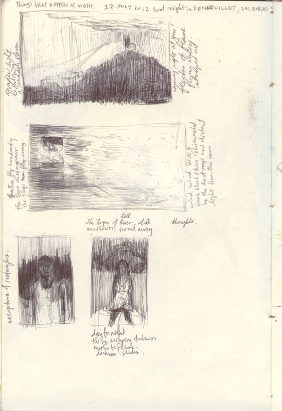 Sketchbook 44, 'Things that happen at night', last night in Fenouillet, 27 July 2012: four ballpoint vignettes — a hill against storm light, wind through a dark window, a man in darkness, a figure day-for-night Sketchbook 44, 'Things that happen at night', last night in Fenouillet, 27 July 2012: four ballpoint vignettes — a hill against storm light, wind through a dark window, a man in darkness, a figure day-for-night