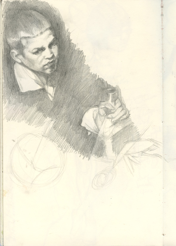 Sketchbook 44: graphite copy after Velázquez — a short-haired boy with a white collar glancing over his shoulder, a hand below him raising a small glass