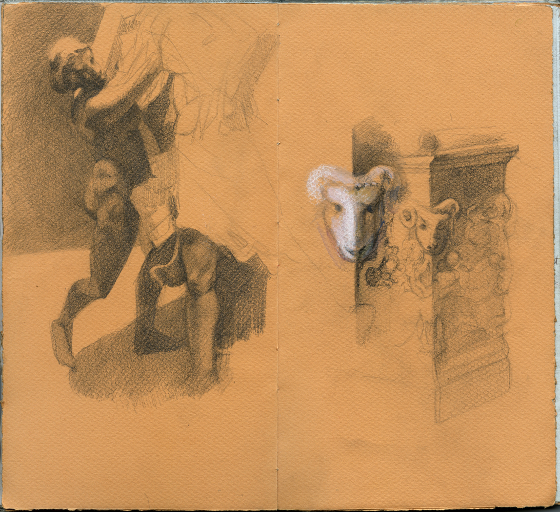 Sketchbook 46 spread: charcoal study of a man hauling himself up a ladder into shadow, and opposite, a white-faced ram's head peering past an ornately carved cabinet