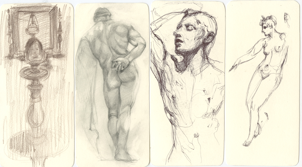 Four loose cards from sketchbook 47: a candlestick still life, the Farnese Hercules from behind, an ecstatic upturned face with raised arm, and a light gestural nude stepping forward Four loose cards from sketchbook 47: a candlestick still life, the Farnese Hercules from behind, an ecstatic upturned face with raised arm, and a light gestural nude stepping forward