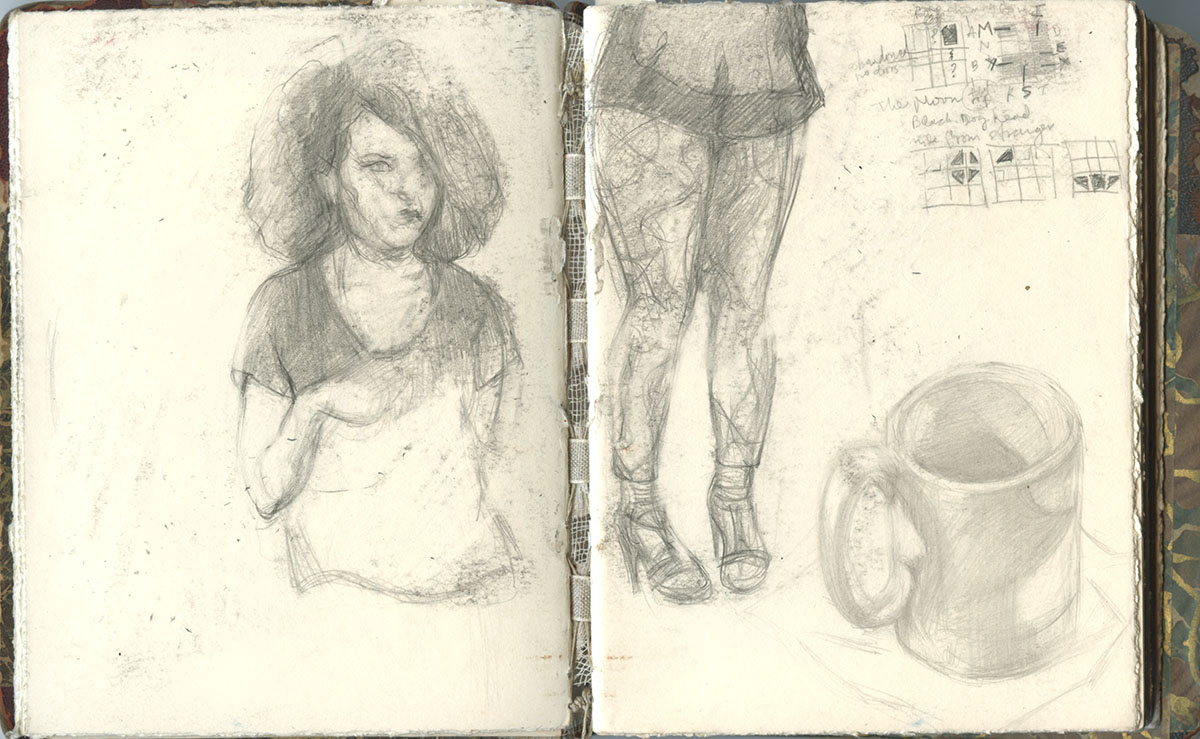 Sketchbook 48 spread in graphite: self-portrait with full hair and hand at chest, legs in patterned tights on heeled sandals, a coffee mug, and tiny thumbnails noting 'The Moon' and a black dog