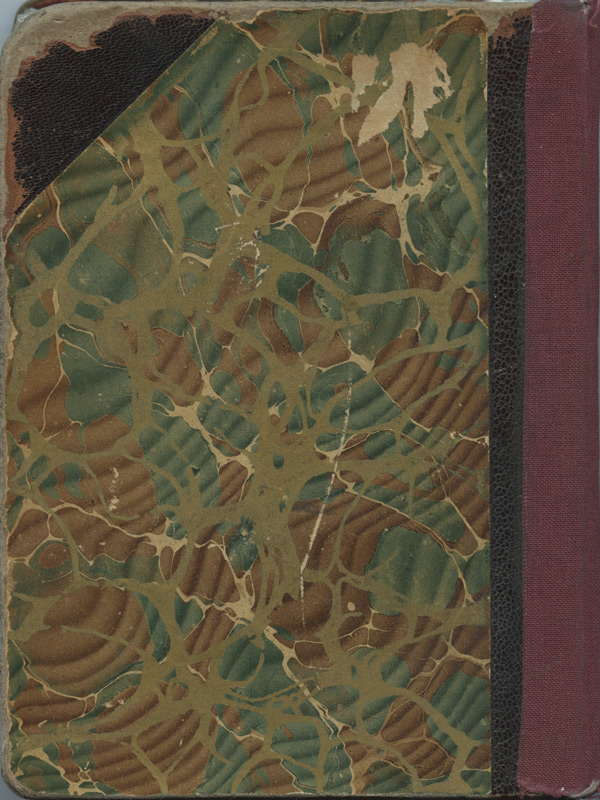 Back cover of sketchbook 48: green and brown marbled paper over worn boards with dark leather corners and a red cloth spine Back cover of sketchbook 48: green and brown marbled paper over worn boards with dark leather corners and a red cloth spine