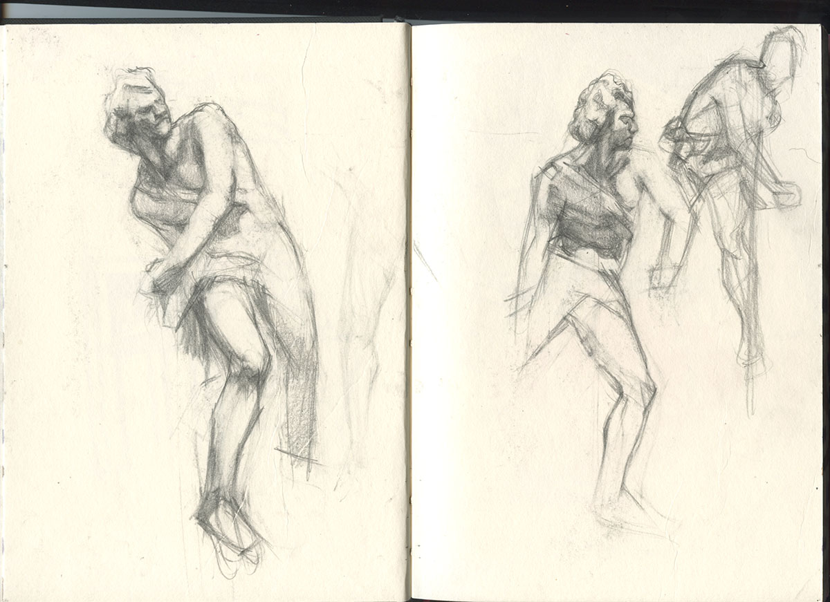 Sketchbook 49 spread: three charcoal-grey figure studies — a heavy nude bending with hands on knee, a striding draped figure with sword strap, and a fainter climbing figure