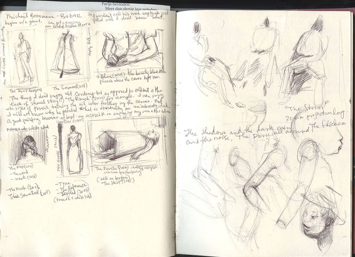 Sketchbook 49 spread on Michaël Borremans at BOZAR: thumbnail sketches of 'The Avoider', 'The Garment', 'The Angel' and 'The Devil's Dress' with notes, facing ballpoint figures from 'The Storm' 35mm projection loop